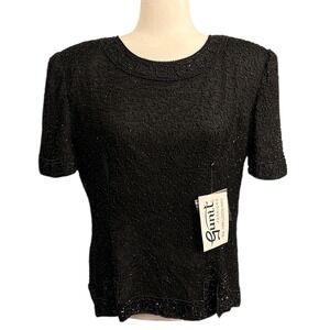 NEW Vintage Gunit Fashions Silk Beaded‎ Top Black Short Sleeve Deadstock Size L